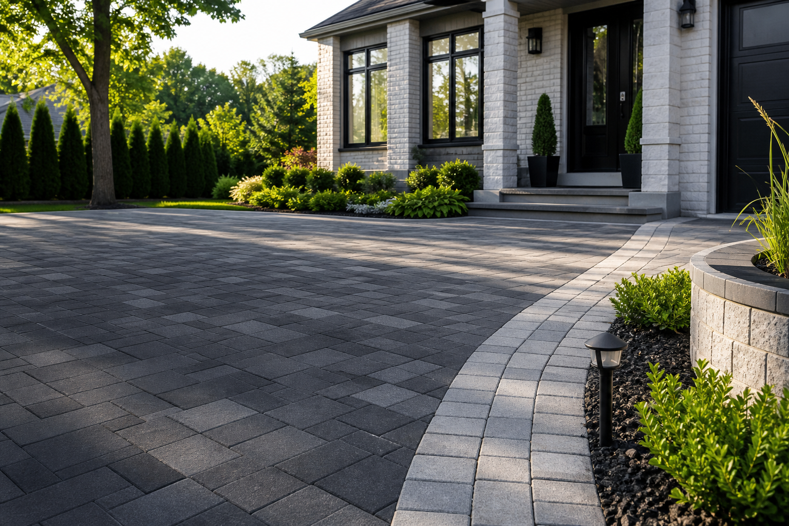 Fresh block paving driveway with neat edging and modern landscaping